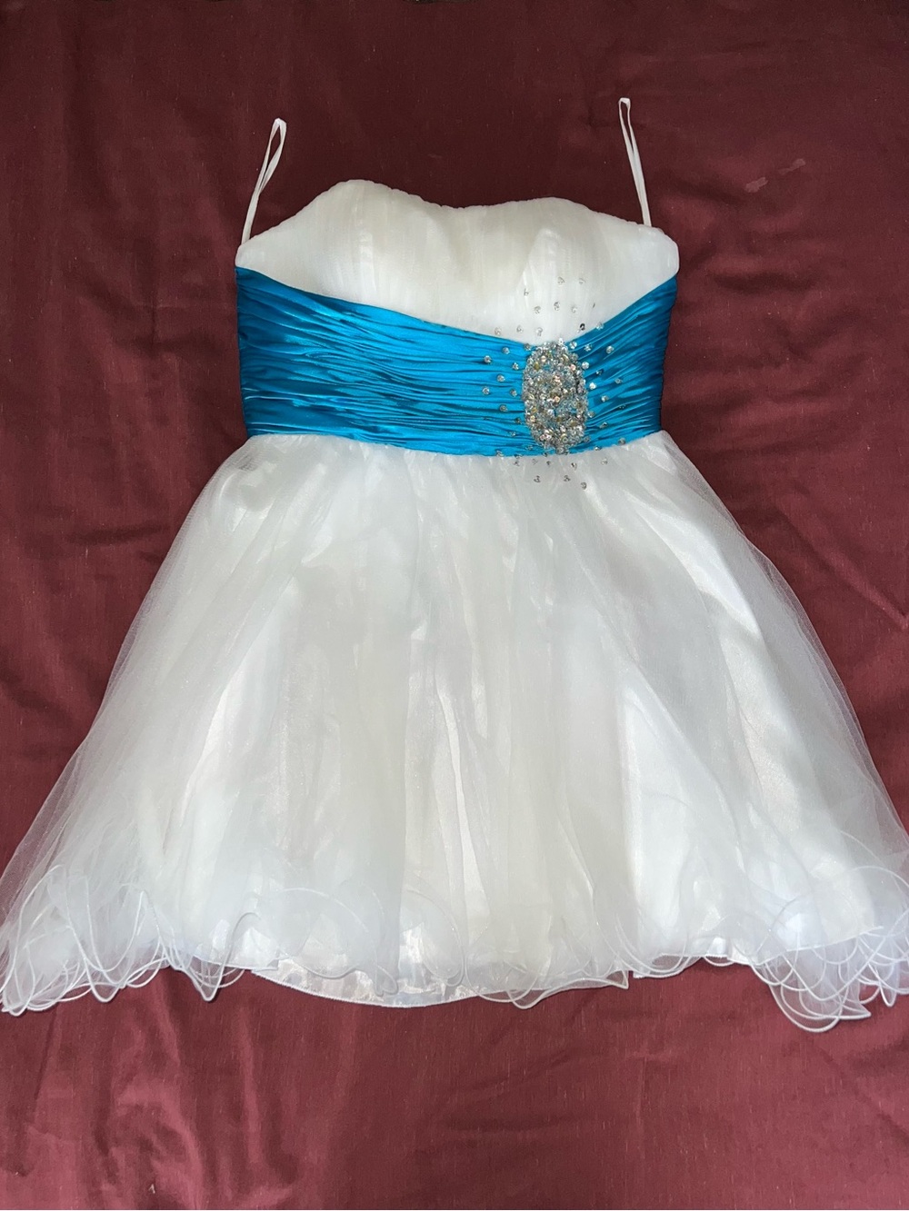 Anny Lee White Strapless Dress with Blue Ruched Sash and Jewel Accent